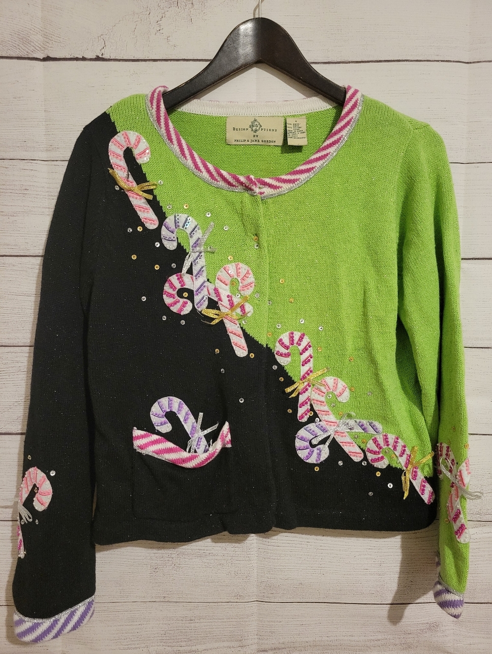 Design Options Phillip Jane Gordon Cardigan Green Pink Christmas Small Vintage